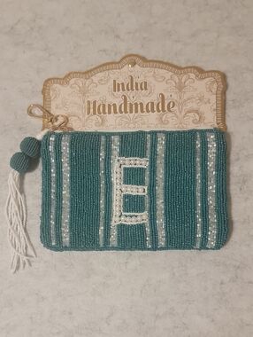 India Handmade Teal Green Beaded Monogram Initial E Zip Pouch Bag NWT